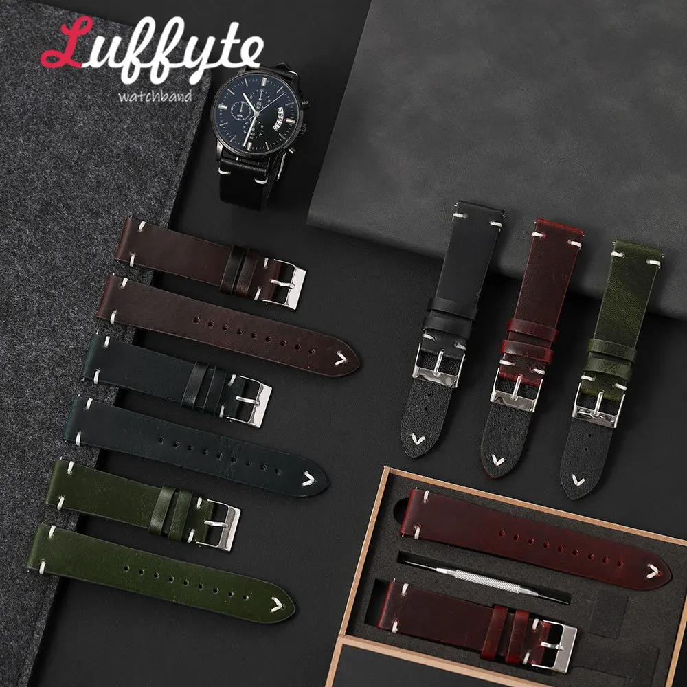 Men Oil Waxed Leather Watch Strap 18 20 22mm with Quick Release Spring Bar Gift Packing Box Retro Durable Replacement Wristband