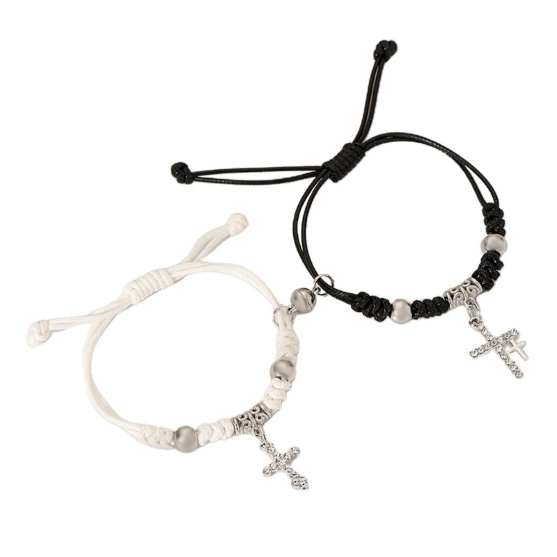 2pcs Crystal Cross Couple Bracelets Magnetic Matching Bangle Fashionable Braided Rope Wrist Chain for Women Men Jewelry image 5