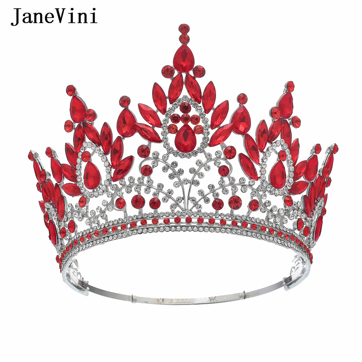 JaneVini Sparkly Miss World Women Big Crown Luxury Red Jewelry Rhinestone Round Wedding Crowns and Tiaras Crystal Bride Headwear