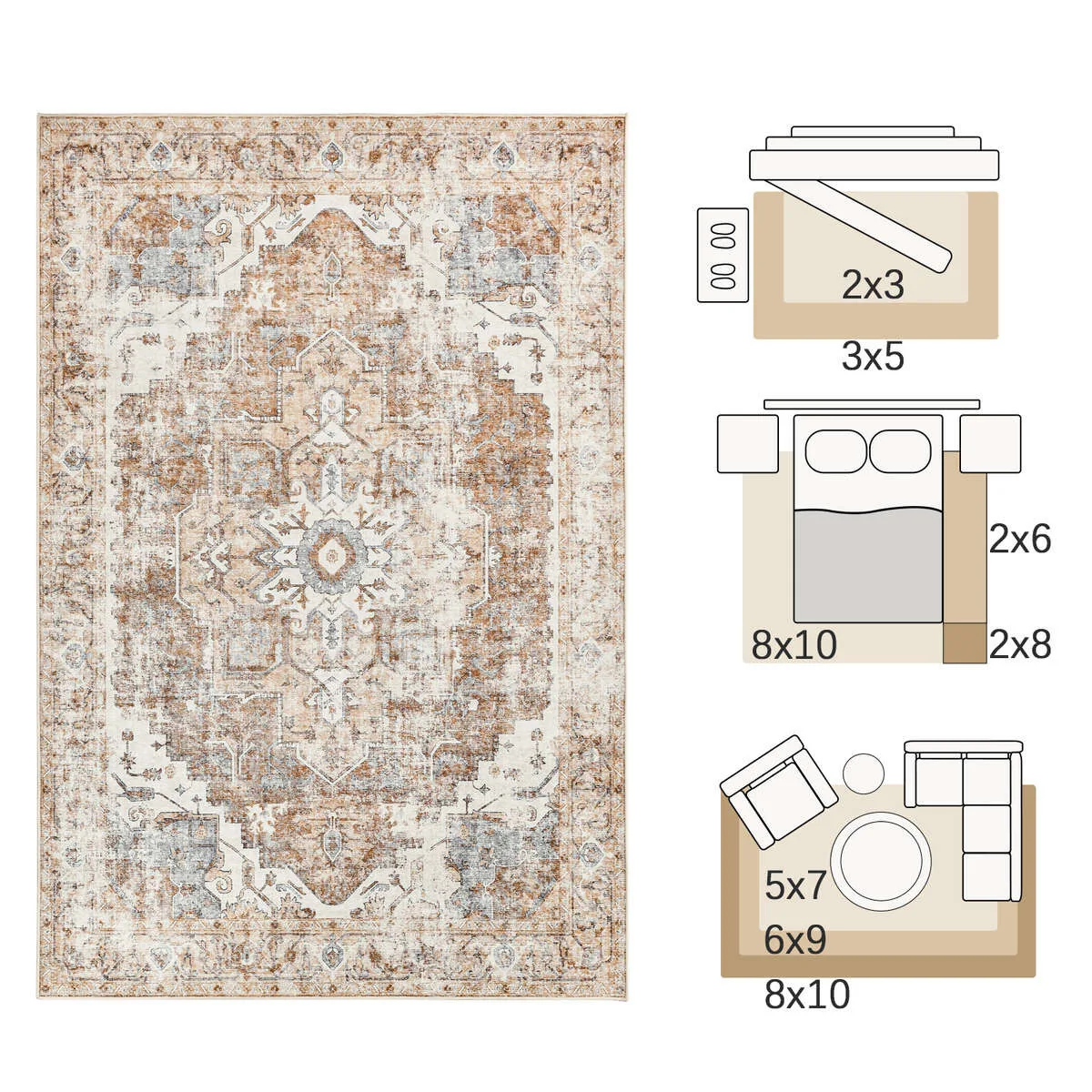 

RUGKING Traditional Area Rugs Foldable Oriental Medallion Pattern Carpet Non Slip Thin Rug for Living Room