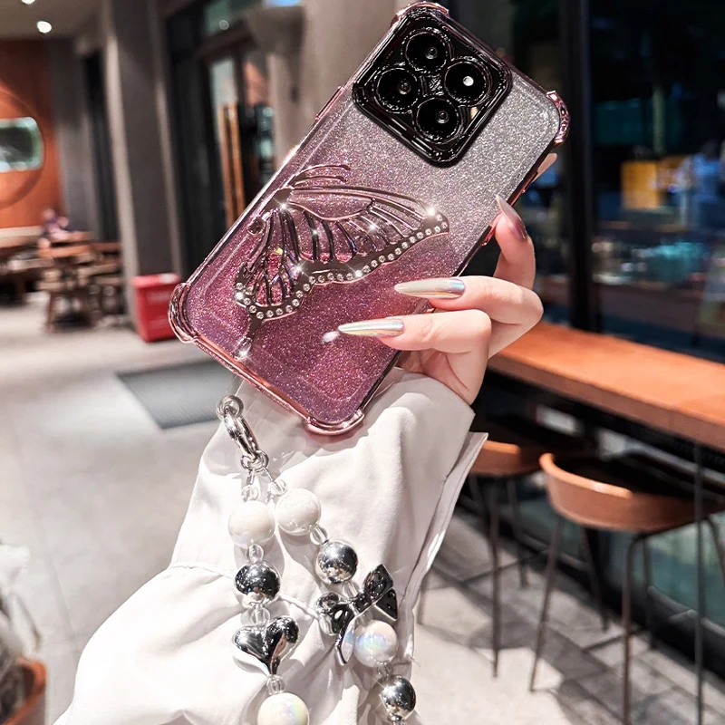 Shockproof Plating Glitter Butterfly Bracket Bracelet Case for iPhone 17 Air 16 15 14 13 12 11 17 Pro Max 16 Plus 16E Soft Cover