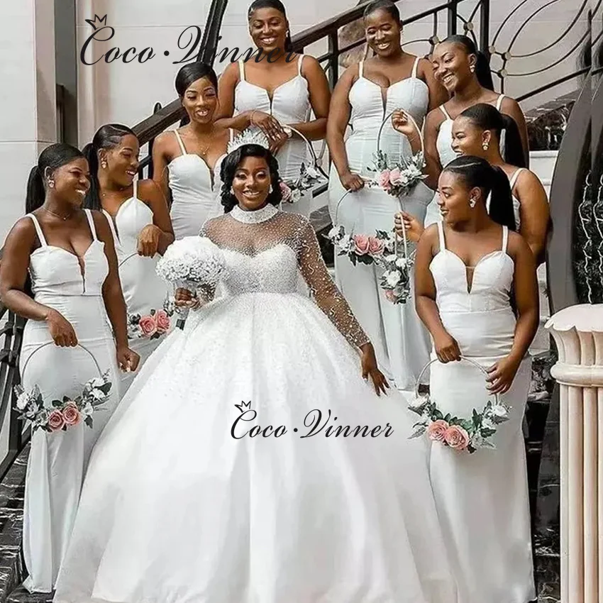 Vestidos de novia africanos transparentes con cuello alto personalizados con mangas tren largo vestido de novia de satén con cuentas de lujo W1385