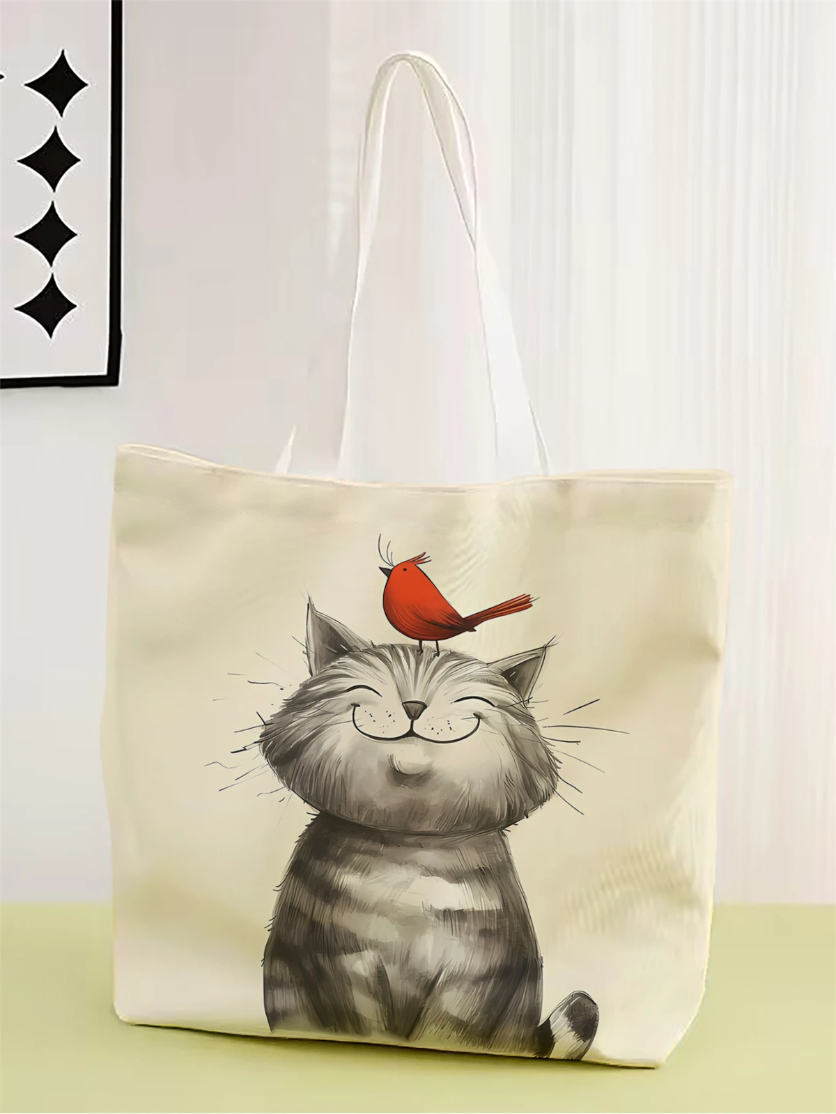 

1pc, lazy style cat handbag, reusable fashionable handbag, multifunctional handbag, printed canvas shopping bag