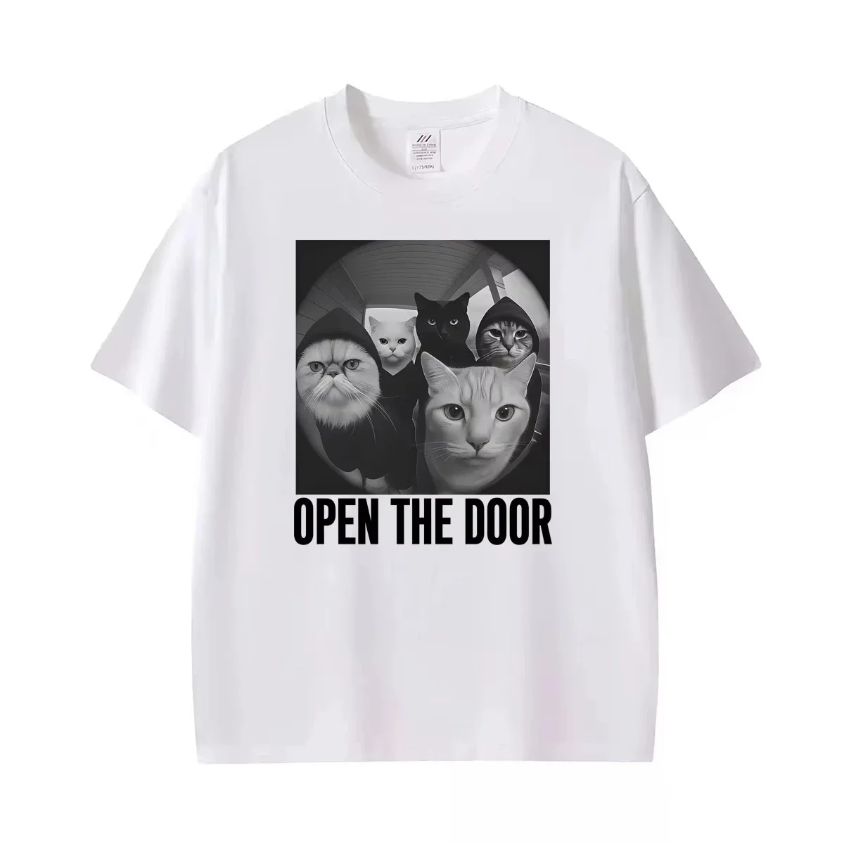 Unisex Hot Sale Classic Vintage Streetwear Funny Gangster Cat Opening Door Meme Graphic Print Round Neck Short Sleeve Tee Tops
