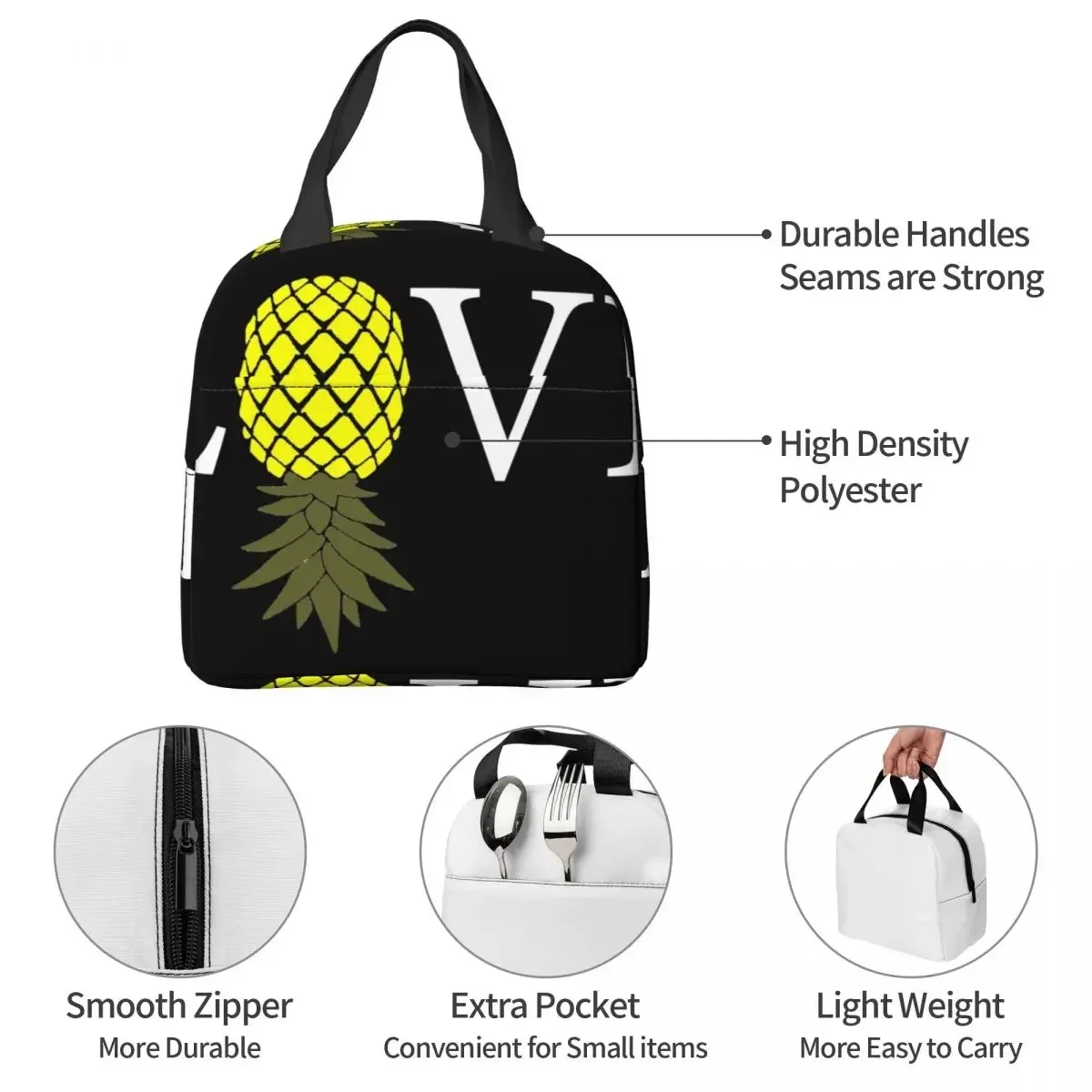 Swingers Pineapple I LOVE Pineapple Lunch Bag Unisex Portable Cooler Insulated Lunch Box Food Bento Box view 6