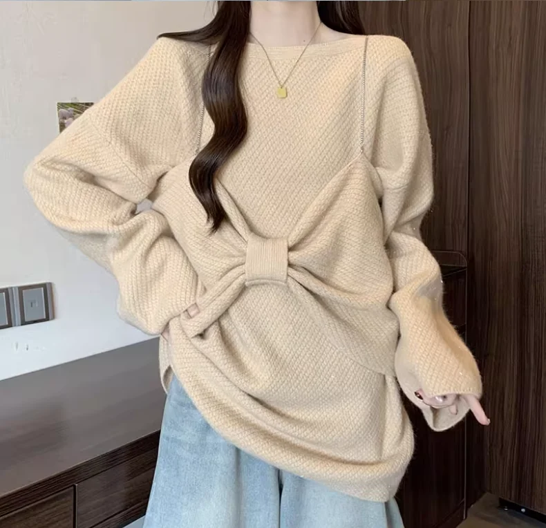 الخريف حجم كبير الأحمر فضفاضة طويلة الأكمام طاقم الرقبة سترة المرأة سميكة محبوك المتوسطة وطويلة الحلو القوس سترة قطعتين مجموعات