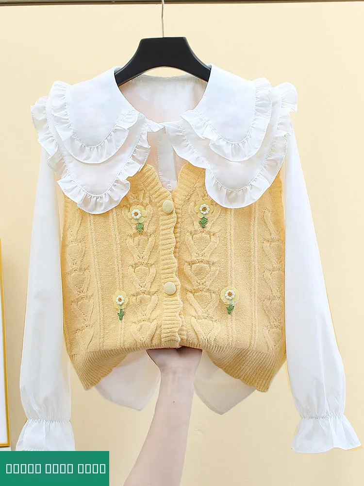 

Вязаный жилет Sli ort, женский модный многослойный жилет, весна-осень, новая модель, милое украшение на пуговицах, V-Ne Sw...