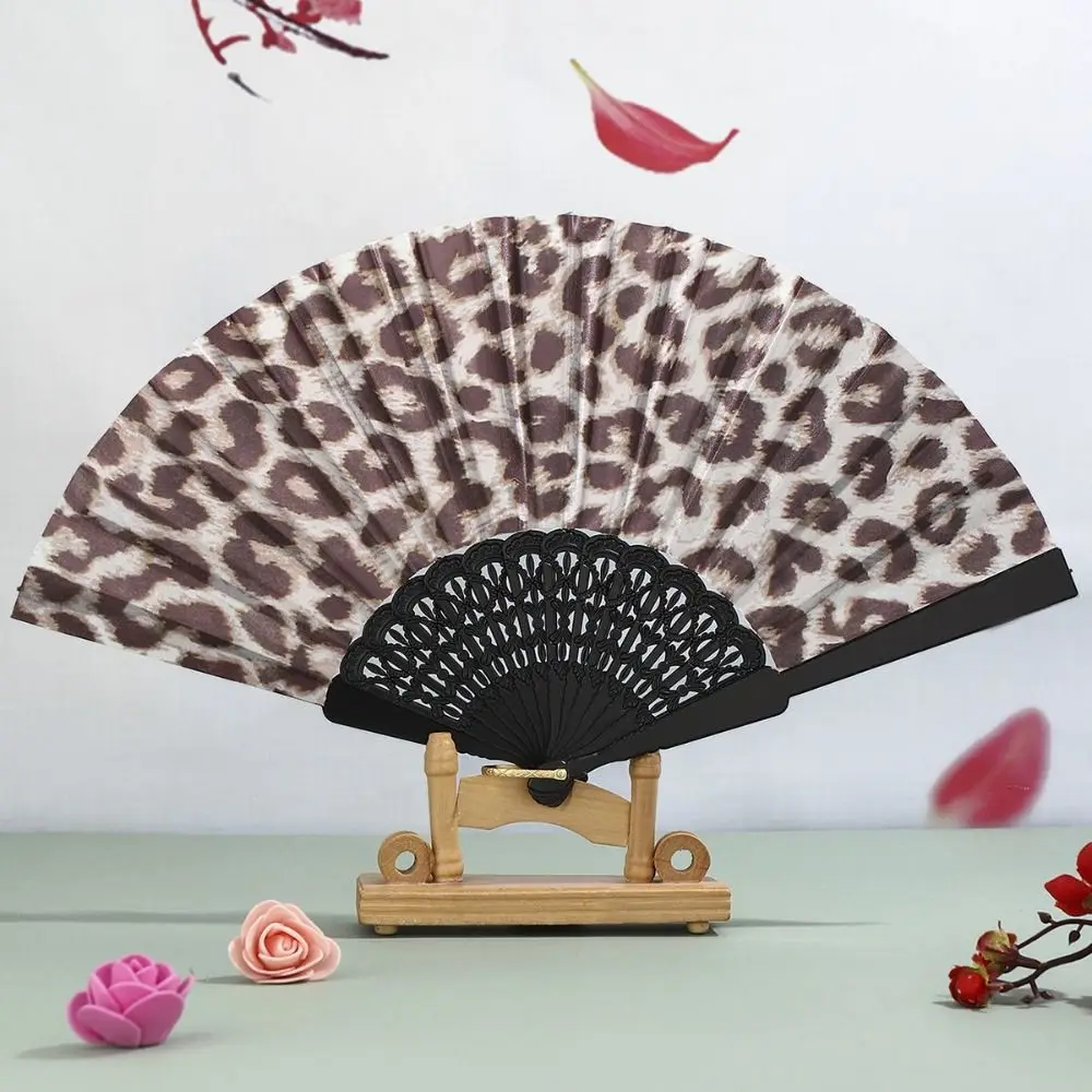 Fashion PP Folding Fan Leopard Print Cloth Hand Fold Fan Black Pole Handheld Portable Fan Dance Prop