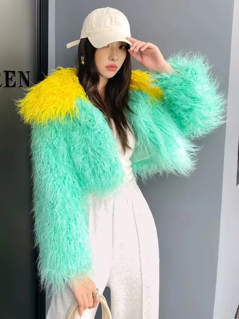 ZADORIN Women Faux Sheep Fur Coat Contrast Color Lapel Fur Top Cropped Winter Fur Jacket Woman Outerwears New in Coats & Jackets