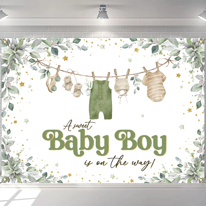 

LS Photography Background A Sweet Baby Boy on the Way Green Leaf Decor Baby Shower Birthday Kids Portrait Photo Backdrop Studio