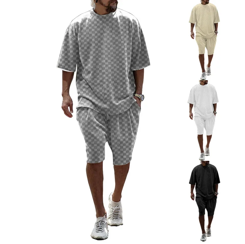 

2024 Men's Summer New Jacquard Checkered Short Sleeve T-shirt Loose Large Straight Tube Casual Shorts Set sweatpants tracksuit