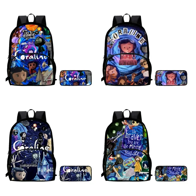 2Pcs Set Mochila C-Coraline School Backpack with Front Pocket,School Bags for Girls Boys,Durable Light Weight Anime Kids Bags