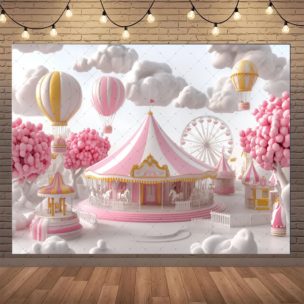 Circus Red Tent Ferris Wheel Carousel Hot Air Balloon Kid Birthday Party Banner Backdrop Custom KidPhoto Poster Decor Background view 4