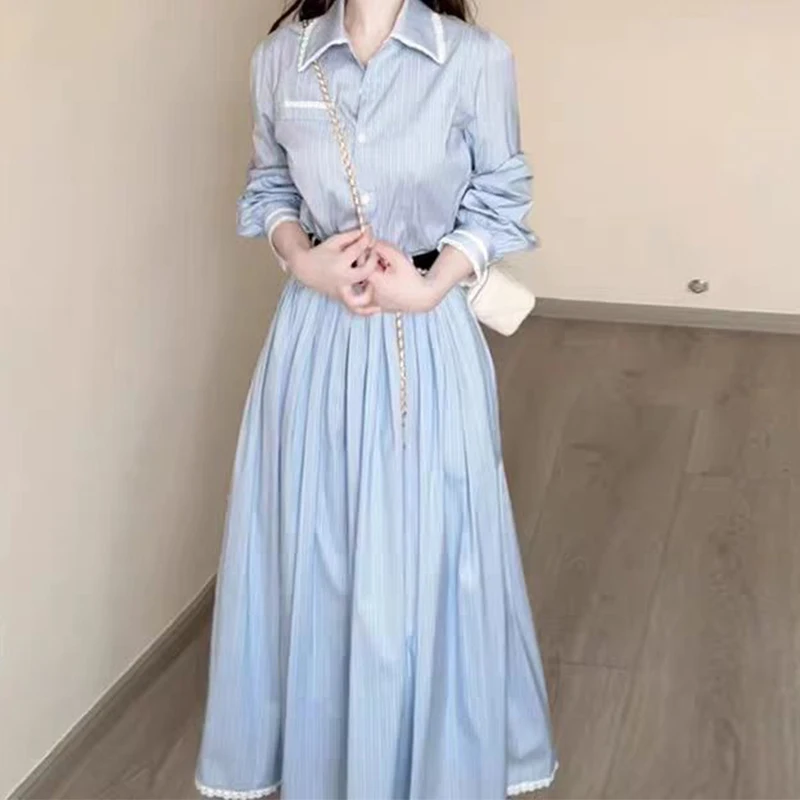 Blauw Gestreepte Polo Kraag Zoete Preppy Stijl Elegante Casual Vrouwen Lange Shirts Jurken Button Up Geplooide Jurk High Street Fashion