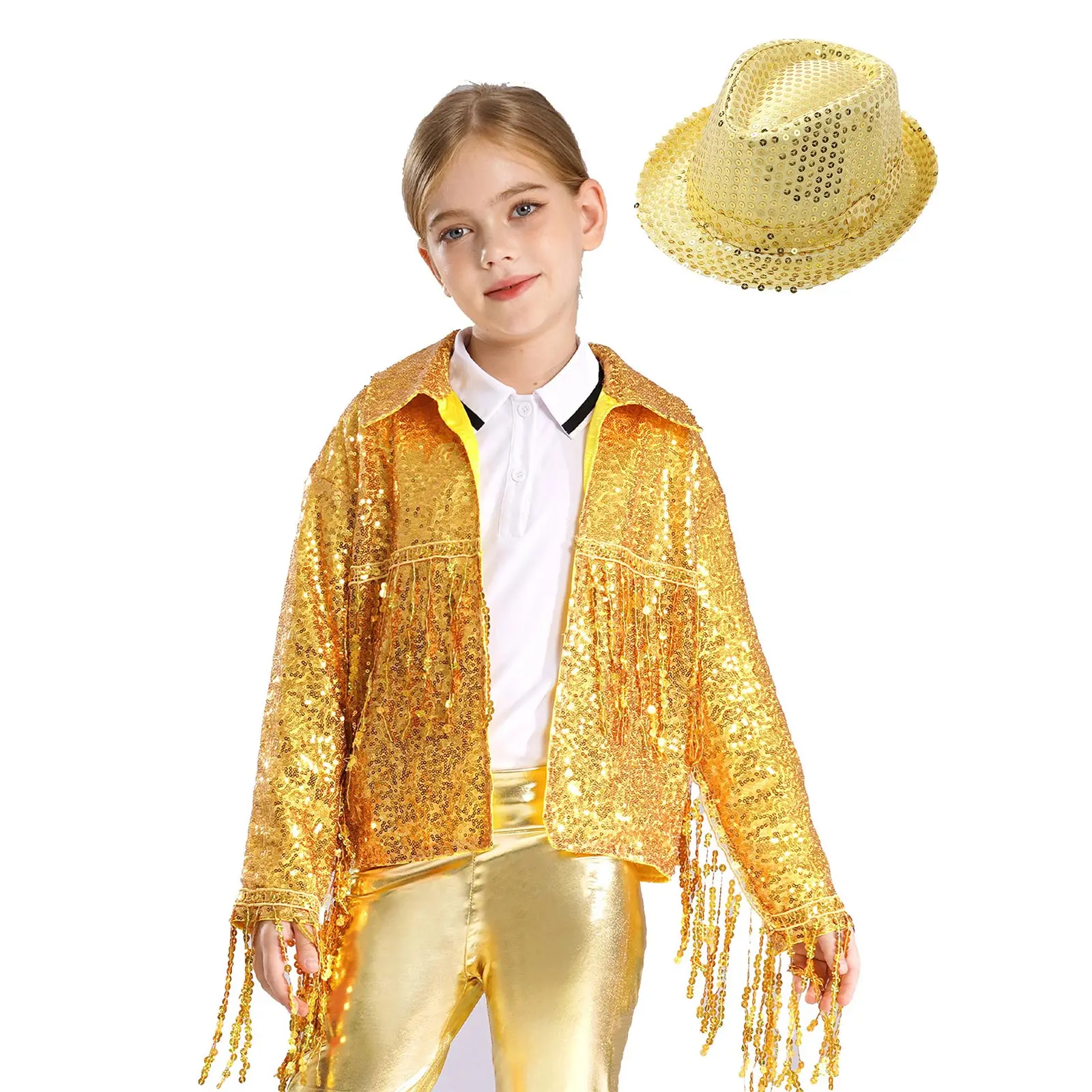 

Kids Girls Sequin Tassel Jacket Coat Long Sleeve Open Front Outwear+ Hat Sets Party Dance Performance Costume Fashion Streetwear