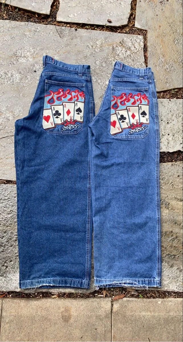 

Women Jeans 2023 New Poker Embroidery Pattern JNCO Jeans Y2k Men Jeans Harajuku Hip Hop Retro Blue Baggy Jeans Streetwear Hot