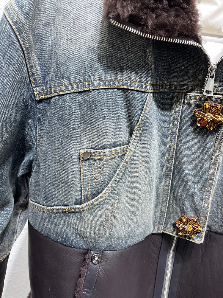 秋冬の女性のデニムホワイトダックダウンコート天然本物のラム羊の毛皮の襟付き女性アウター高級女性ジャケット