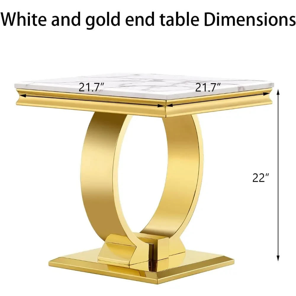 Gold End Table, White Side Table for Living Room, Bedroom, Stable End Table with U-Shaped Polished Gold Base and Square