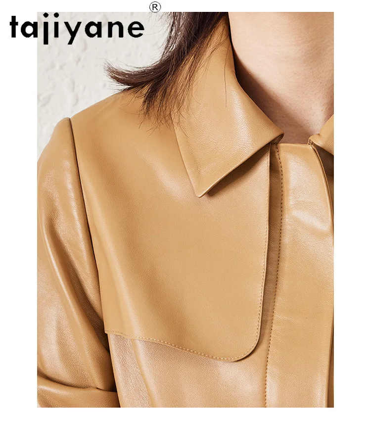 Tajiyane-Veste en cuir 100% véritable pour femme, manteau de haute qualité en peau de mouton véritable, vestes courtes élégantes avec ceinture, 2024