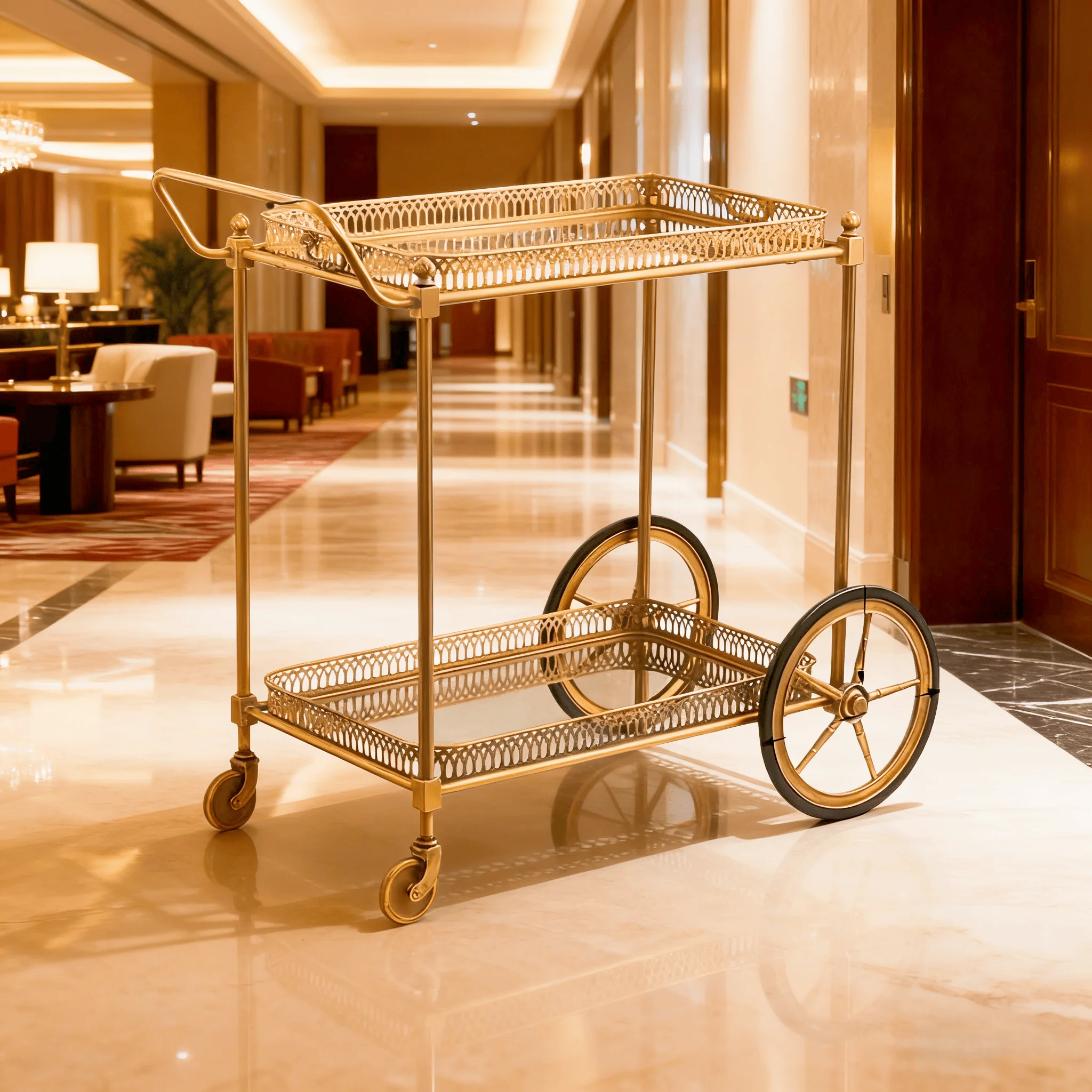 Metal Double-decker Dining Cart For Hotels & Restaurants Vintage Gold 10L Capacity Long Life Service Model FLX-204