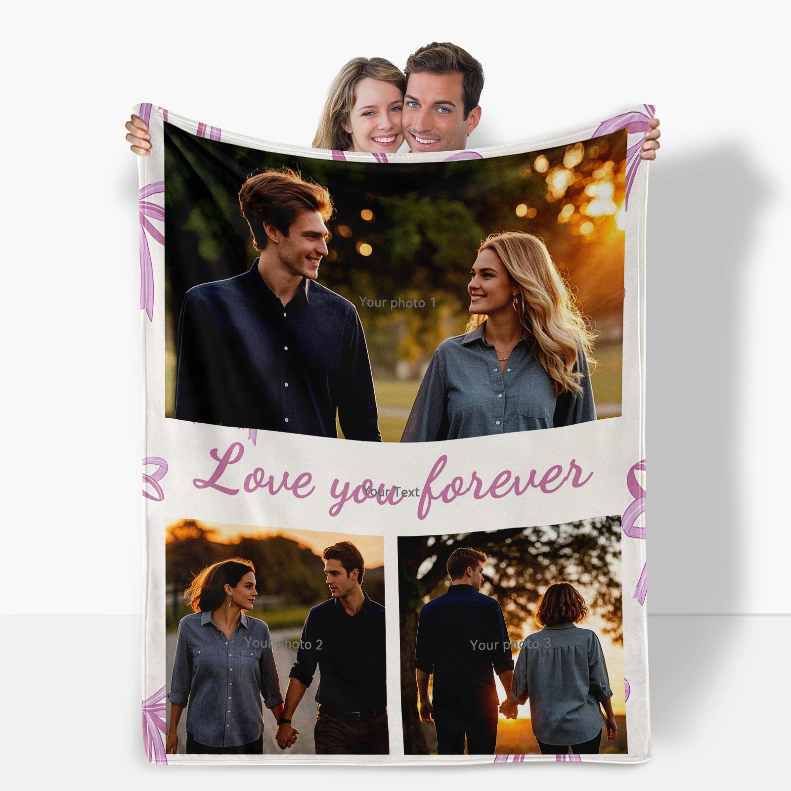 Easter Flannel Blanket. Customized with 3 Pictures and 1 Set Phrase for Couples to Celebrate Valentine's Day with Love.