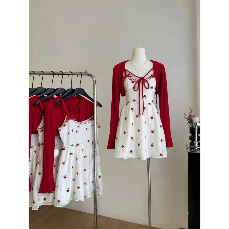 Conjunto de 2 piezas de vestido para mujer, cárdigan corto de punto rojo + estampado sin mangas, Mini vestido Y2k, traje de estilo coreano, dulce