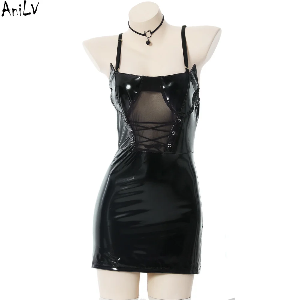 

AniLV Cat Girl Mesh Hollow Leather Dress Catwoman Uniform Outfits Cosplay Costumes