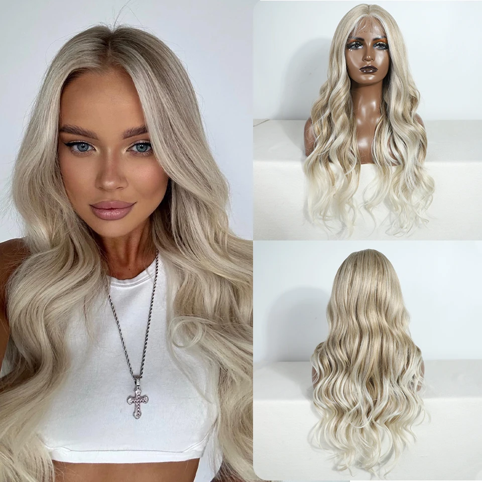 Synthetische Kant Voorkant Pruik 30 Inch Lange Golvende Middendeel Kant Pruiken Roze Blonde Gember Kleur Pruik Voor Vrouwen Cosplay Dagelijkse Pruiken