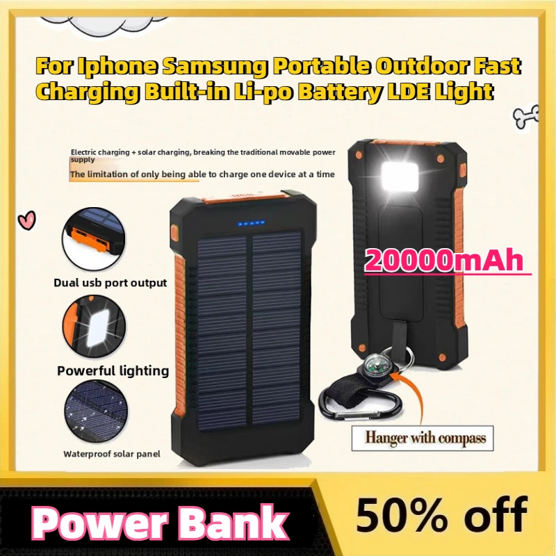 Large Capacity New 20000mAh Solar Power Bank for Iphone Samsung Portable Outdoor Fast Charging Built-in Li-po Battery LDE Light