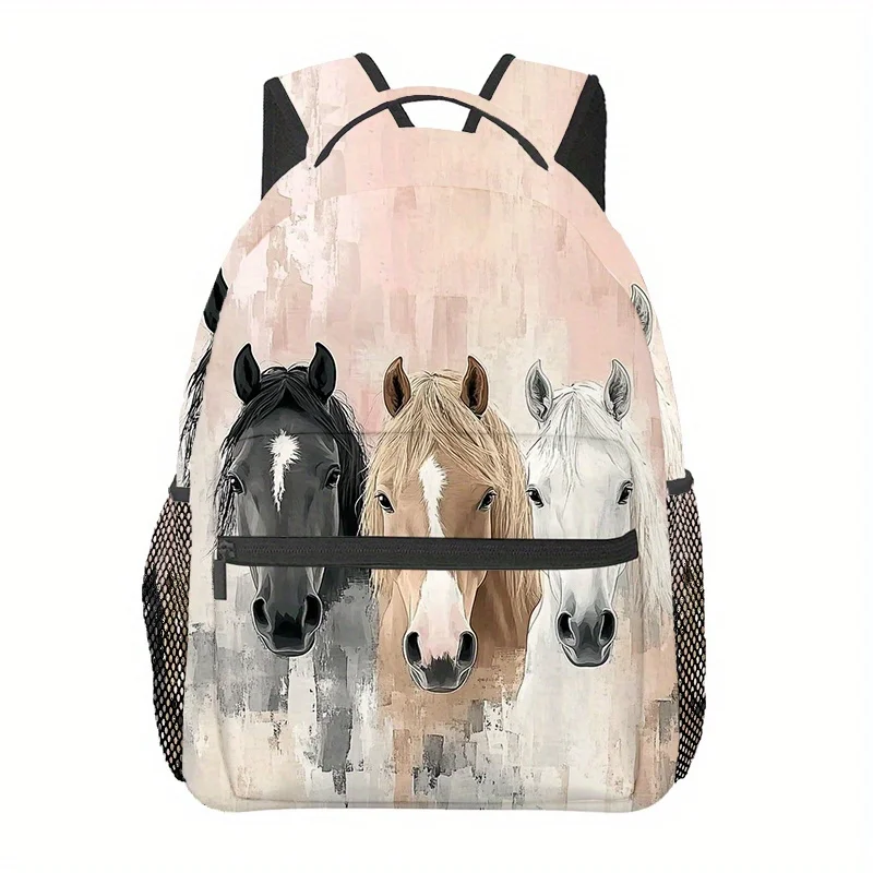 Running Horse Backpack Stylish TwoTone Design with Mesh Side Pockets Adjustable Shoulder Straps and Durable Polyester Lining