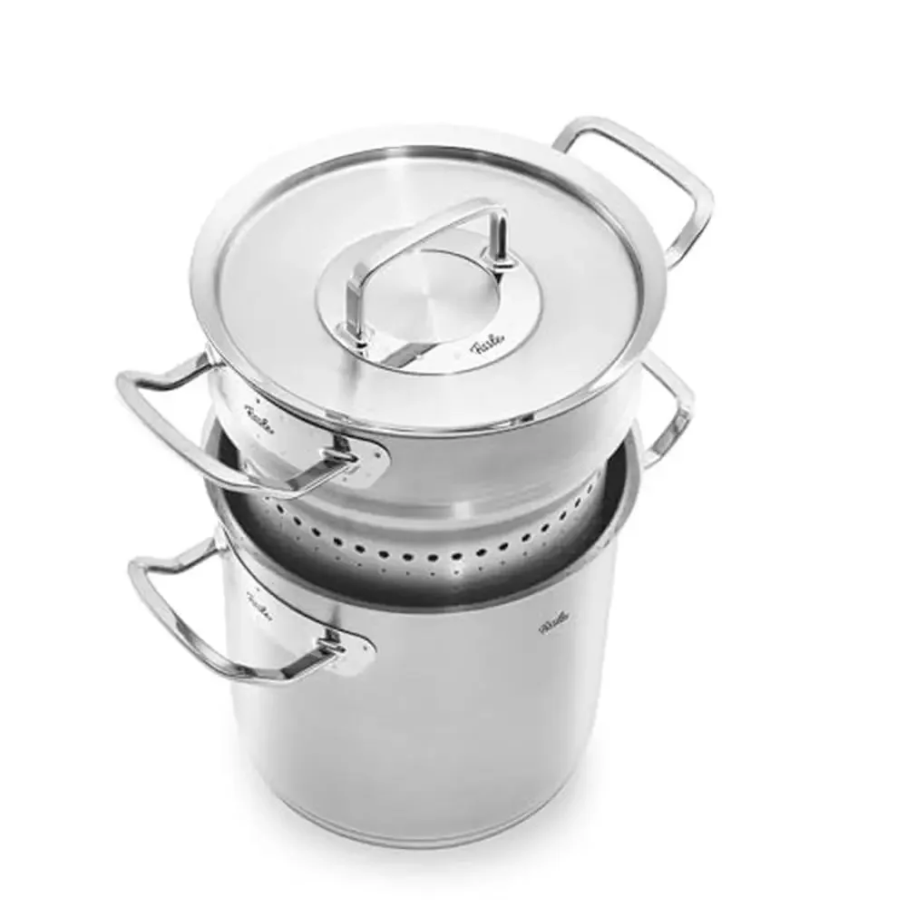 

Premium Stainless Steel 6.3 Quart Multipot with Steamer Insert Metal Lid Oven Safe Dishwasher Safe Ergonomic Handles Even Heat