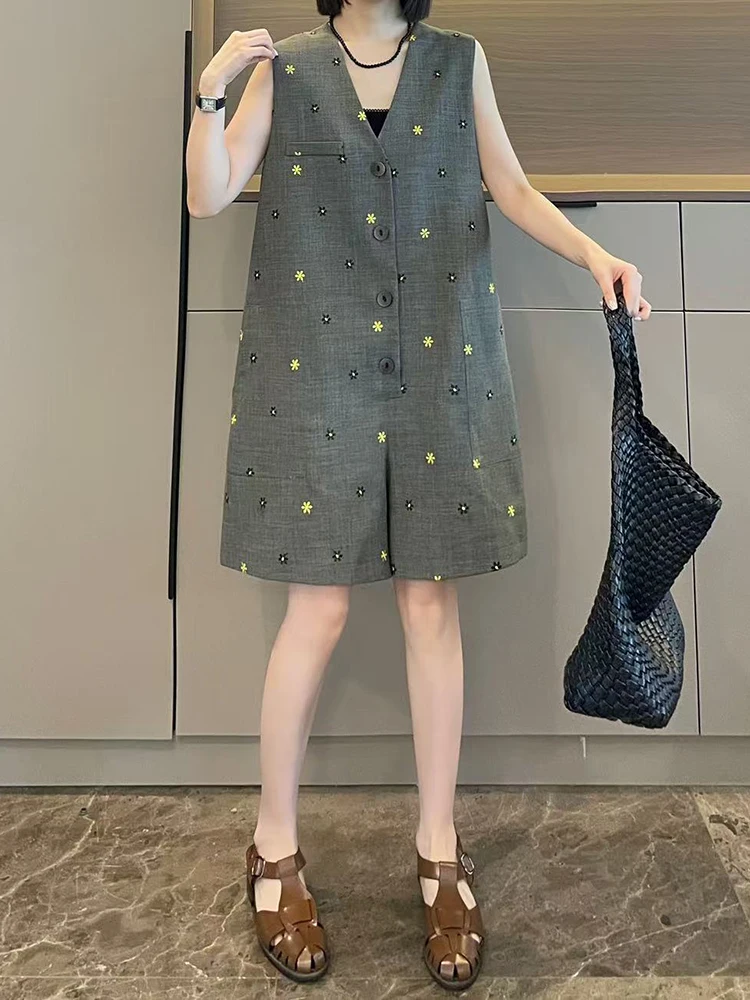 ay Contrast Stitch ort One-Piece Pants Women's Summer 2025 New Small Size Vest Jumpsuit High Waist Wide Leg ort Pants