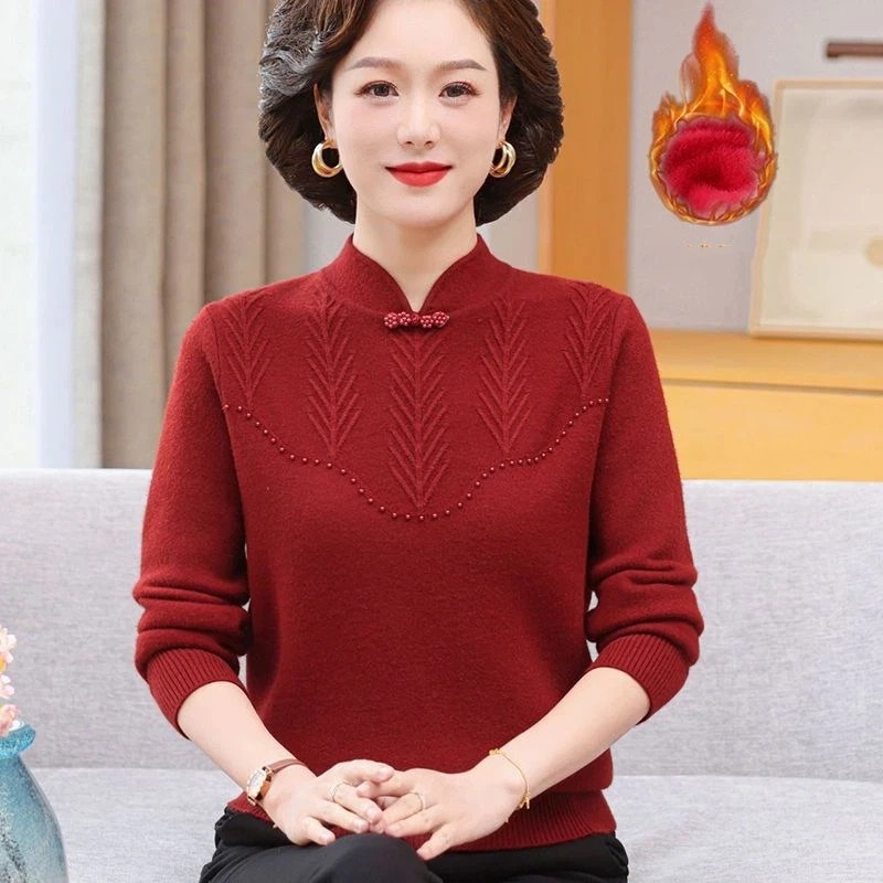 Mothers Knit Sweater Women Fleece Lined Thick Warm Stand Collar Inner Top For Middle Aged Ladies