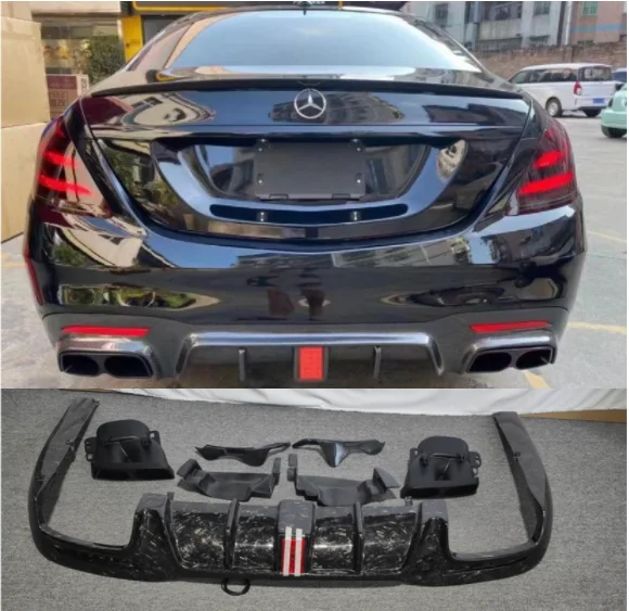 

For Benz W222 S-Class S63 S65 AMG 2018-2020 Real Forging Carbon Fiber Rear Bumper Lip Diffuser Spoiler With Exhaust Tips