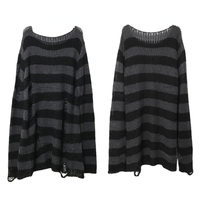 ZMZBCH New Punk Gothic Long Unisex Sweater Summer Women Striped Cool Hollow Out Hole Broken Jumper Loose Rock Thin Streetwear