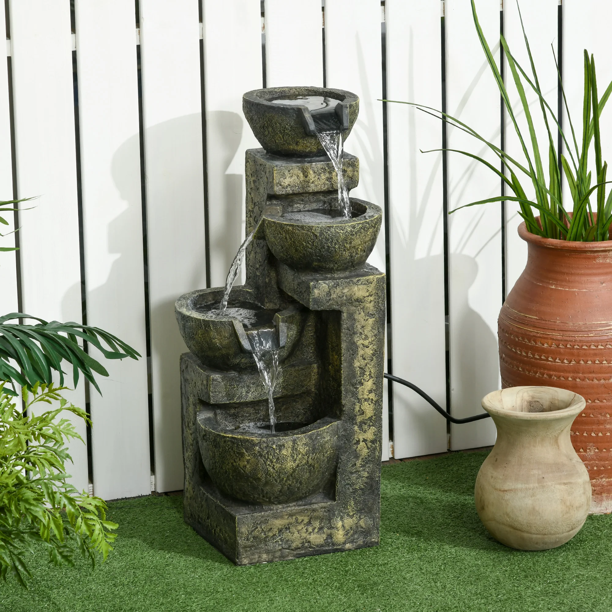 Image of 4-stufiger Gartenbrunnen für den Außenbereich mit einstellbarem Wasserfluss, Wasserfall-Feature aus Kunstharz für Terrasse & Teich, Vintage-Steindesign, wetterbeständig, 25L x 24B x 60H cm