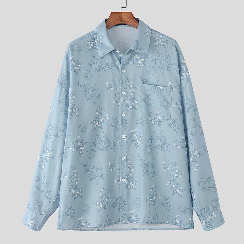 

INCERUN Men Shirt Printing Lapel Long Sleeve Loose Men Clothing Streetwear Button Korean Style Fashion Casual Tops Male Shirts