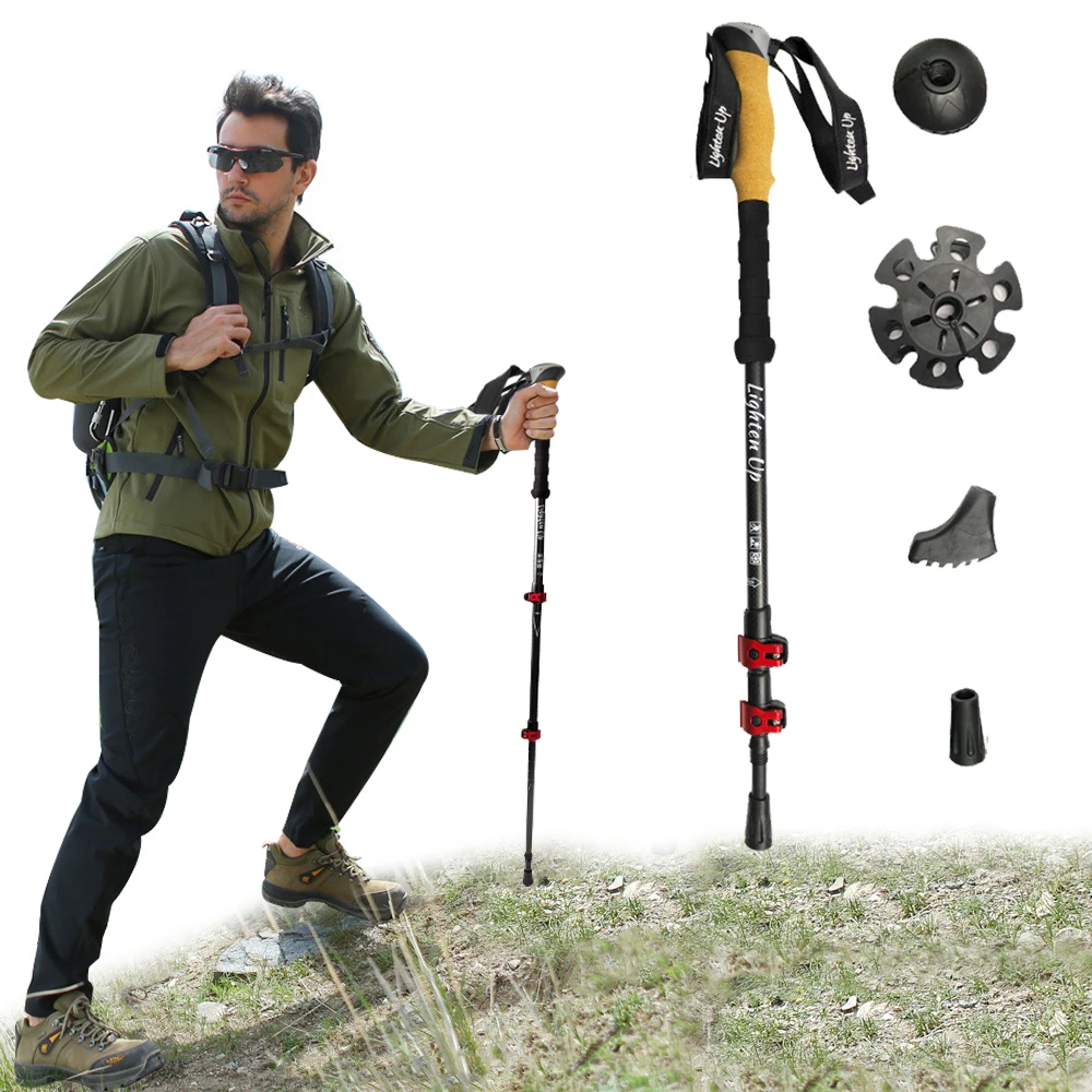 Ultra Light Mountaineering Staff Scalable Hiking Aluminum Alloy Carbon Fibre Outer Lock Imitation Cork Auxiliary Accessory Tool