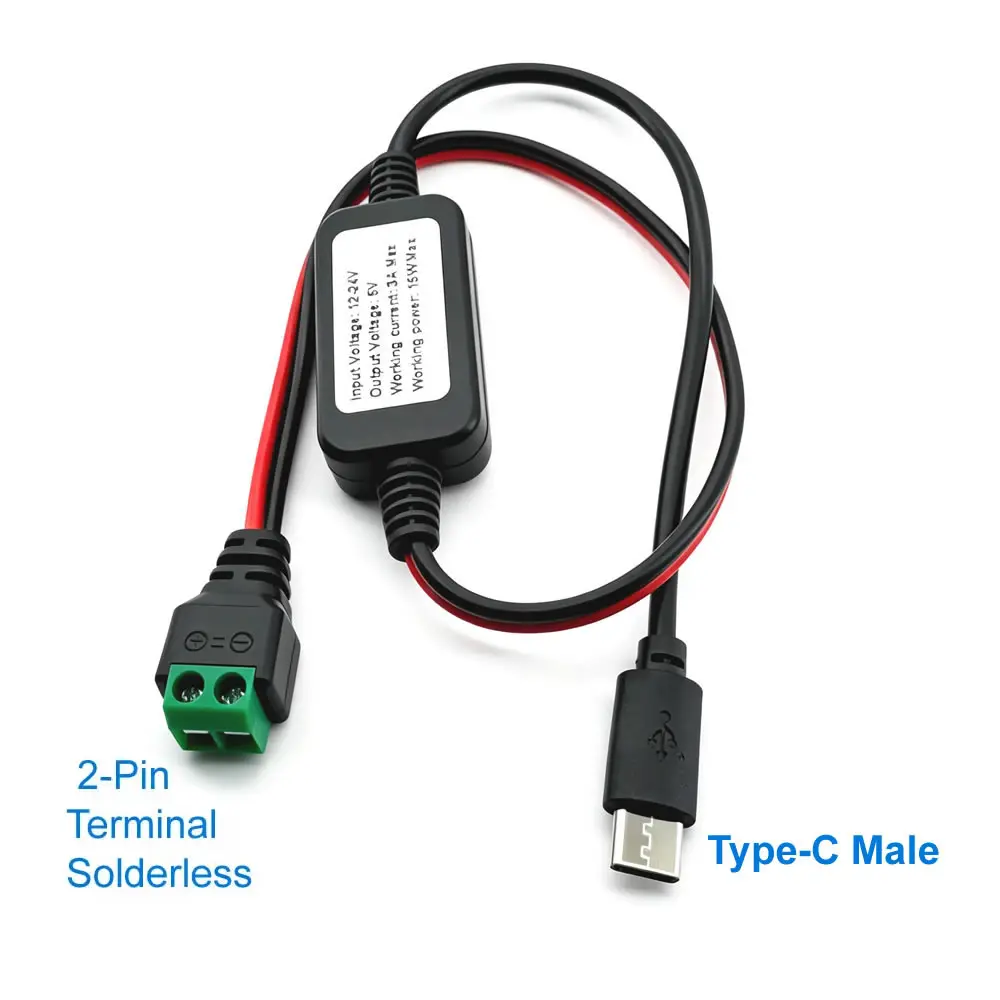 12V/24V to 5V Converter DC-DC Buck Module Power Adapter Cable 2pin Solderless Terminal to USB-A/Type-C Step Down Charging Cable view 6
