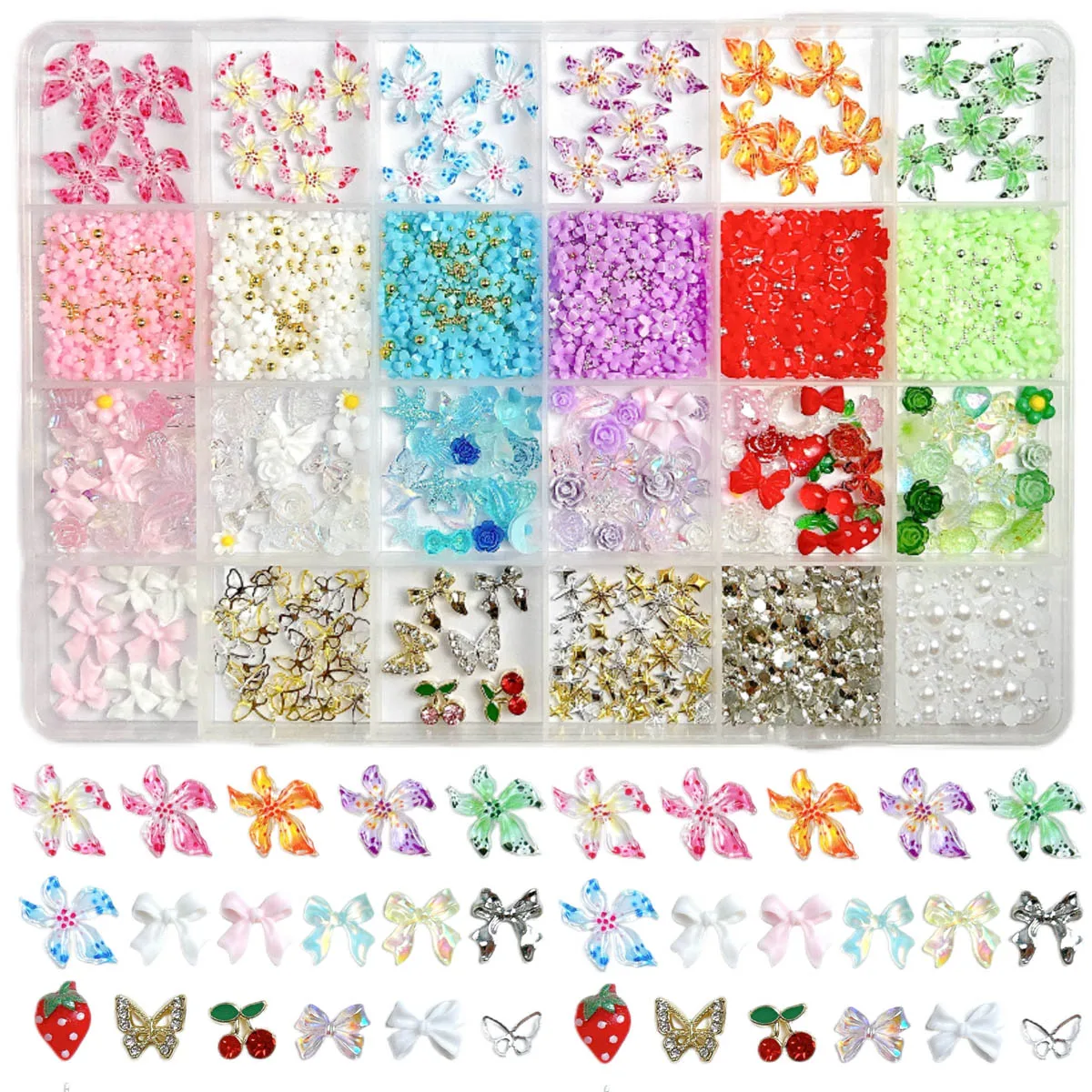 1 caixa transparente arco lua resina encantos do prego liga mini borboleta strass colorido flor havaiana decorações da arte do prego diy