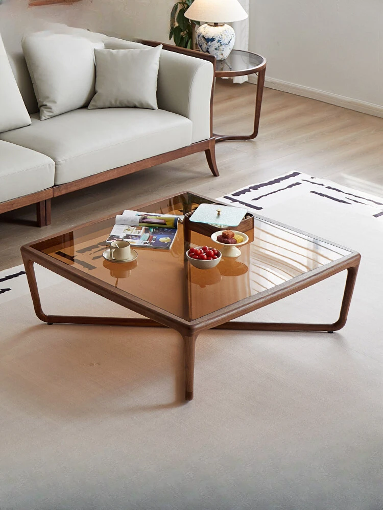 

Italian-Style Light Luxury Glass Coffee Table Black Walnut Square Side Table Designer Living Room Solid Wood Table