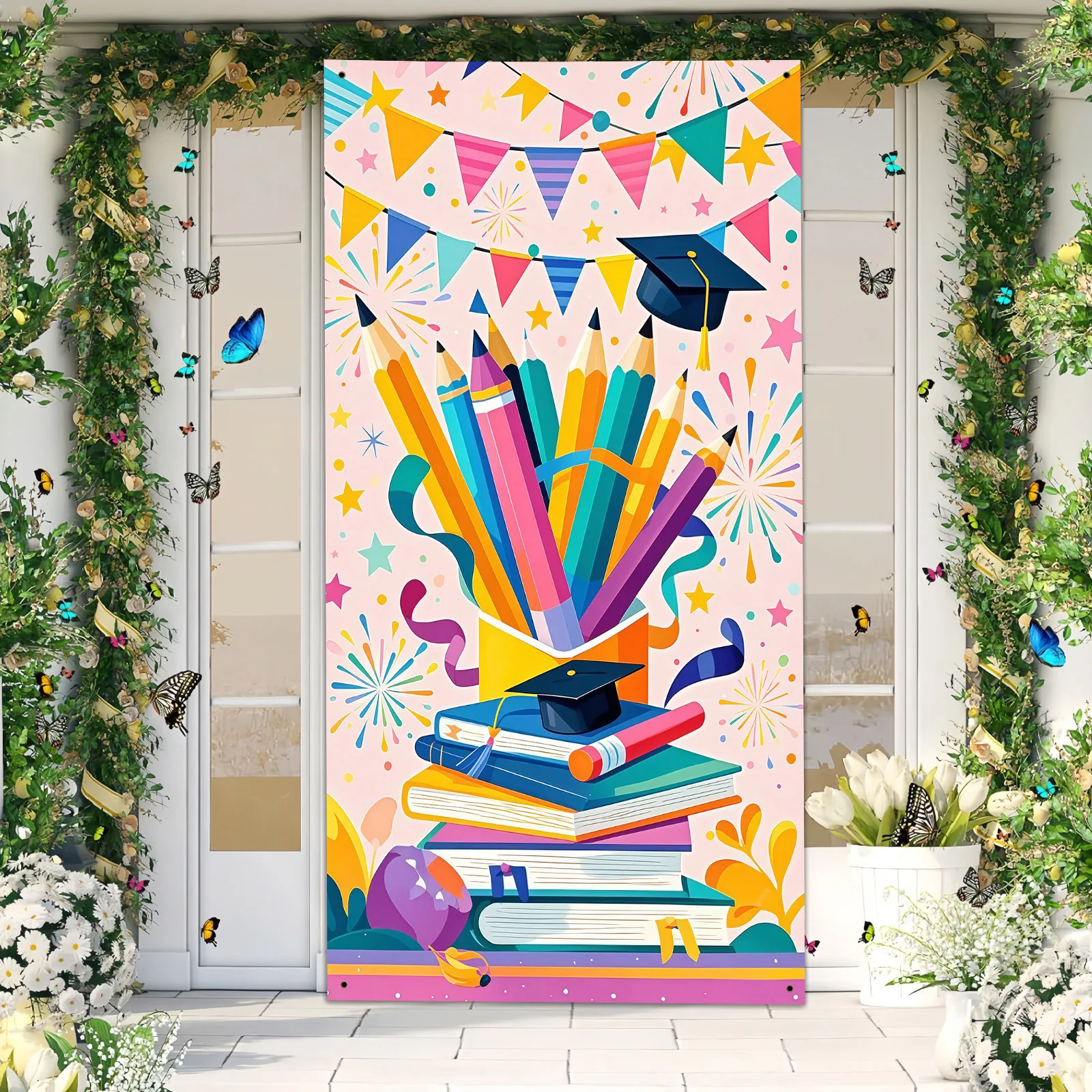 1PC Polyester Featuring A Graduation Season Campus Backdrop Design with Pencils Books Ribbons Banner for Classrooms Door Curtain