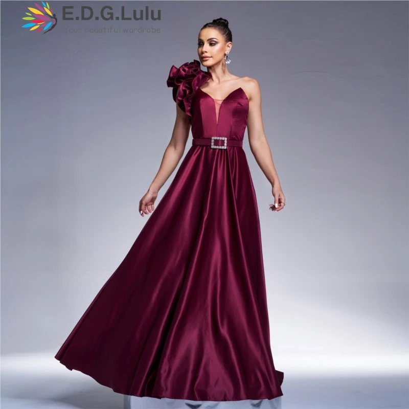 EDGLuLu Sexy V-Neck One Shoulder 3d Flower Splicing Birthday Dress Women Sleeveless Backless Red Party Long Evening Dress 1205