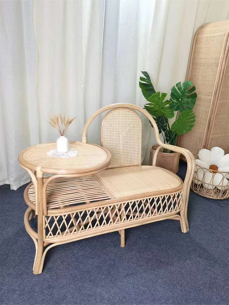 Nordic Retro Style Rattan Woven Single-Seat Sofa Chair Coffee Table Integrated Home Balcony Recliner