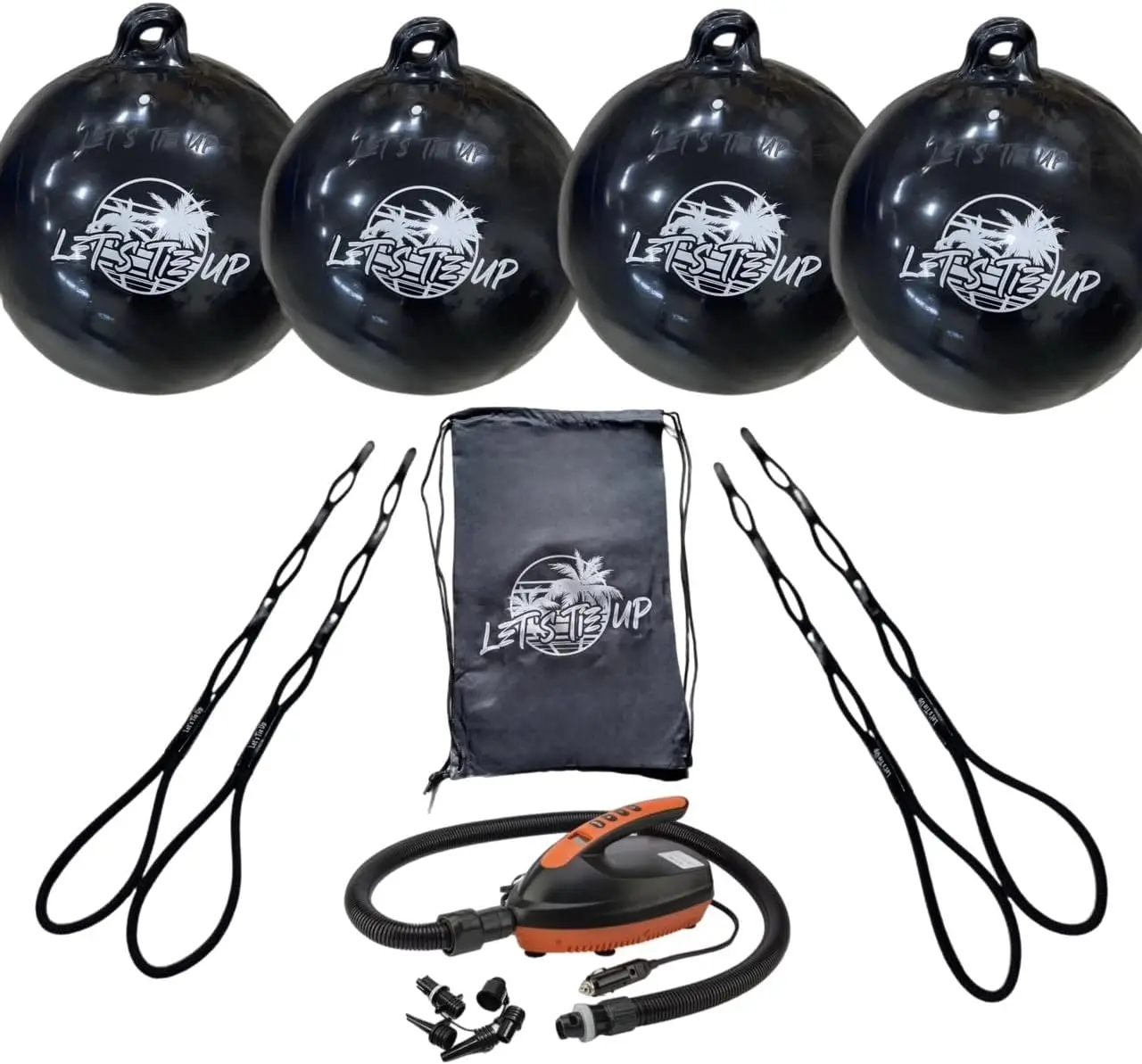 2.0 Deluxe Package  Inflatable Tie-Up Boat Fender Buoy  (4) Bumper Ball  Black  16 PSI Pump  Boatswain's Mat