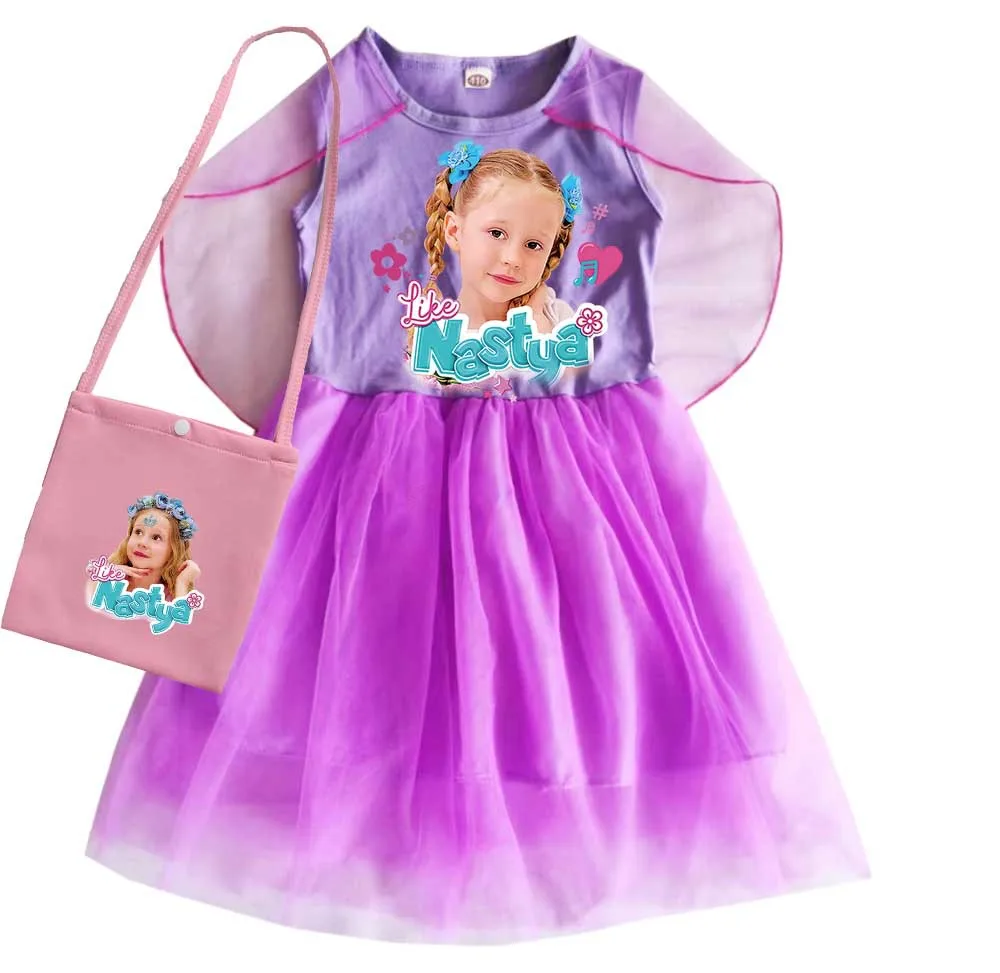 Like Nastya show Clothes Baby Girls short sleeve casual Dresses with Wreath and Bag Kids Cartoon Wedding Party Princess Vestido