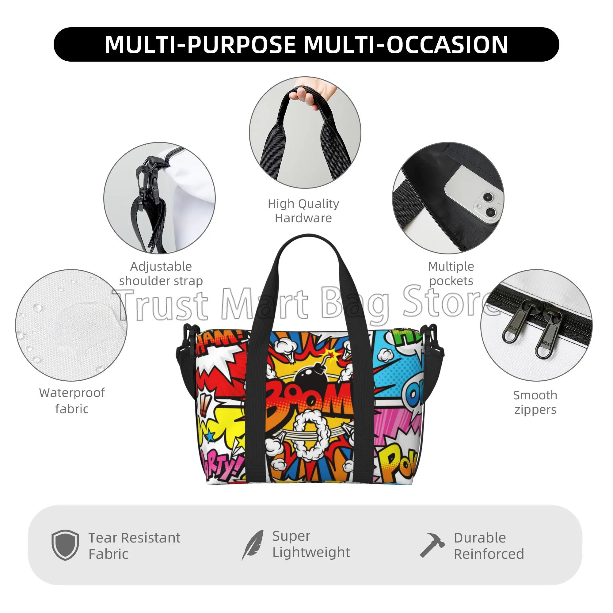 American Comic Book Collection Pop Art Print Hand Travel Bag Multipurpose Weekender Bags Waterproof Luggage Bag for Sports Gym