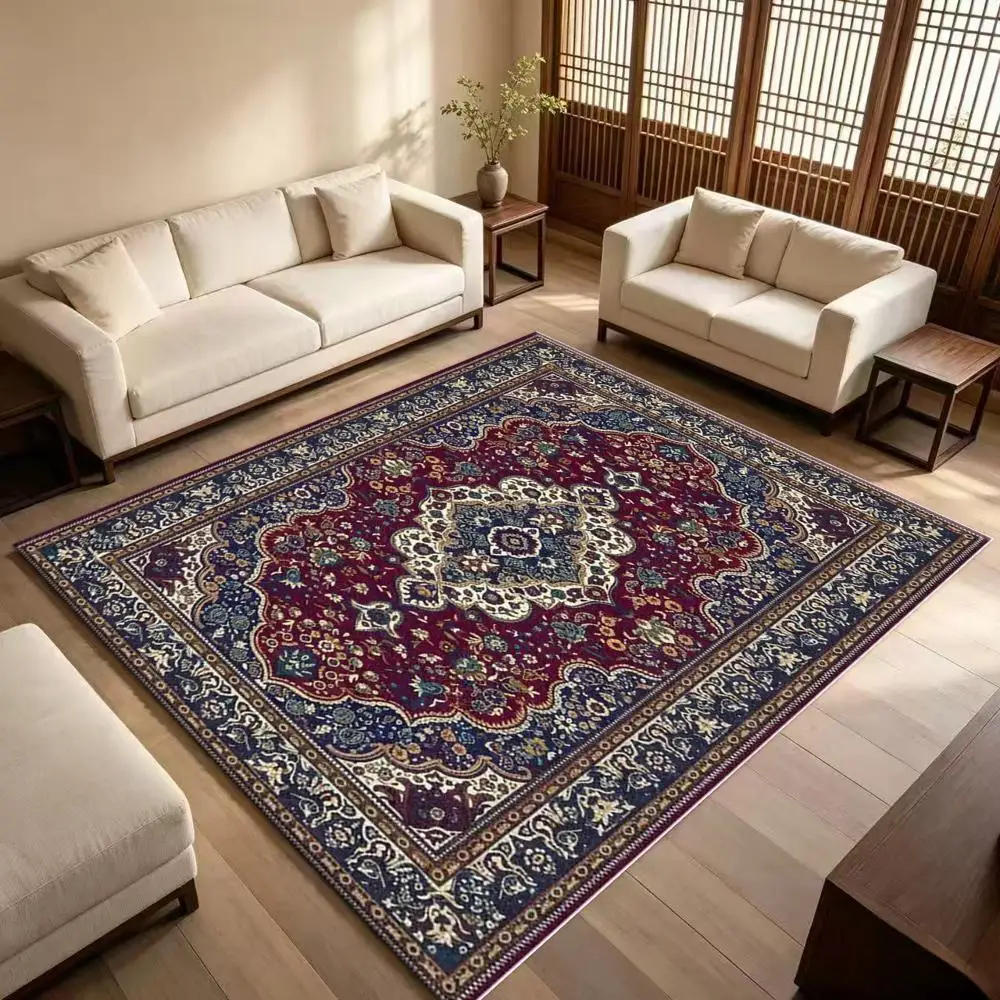 Classic Oriental Persian Square Carpet Luxury Medallion Pattern Vintage Floral Non-Slip Floor Carpet Suitable for Living Room Home Decoration
