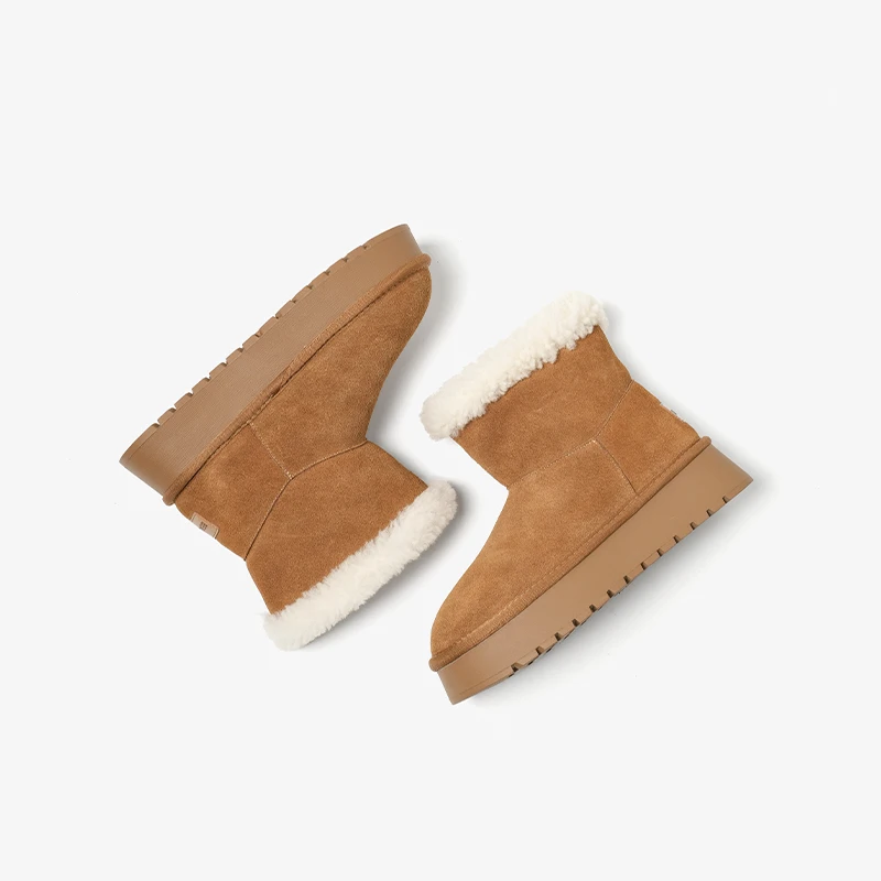 BEAUTODAY Snow Boots Women Cow Suede Leather Lambswool Solid Color Platform Slip-on Warm Winter Ladies Shoes Handmade 08073