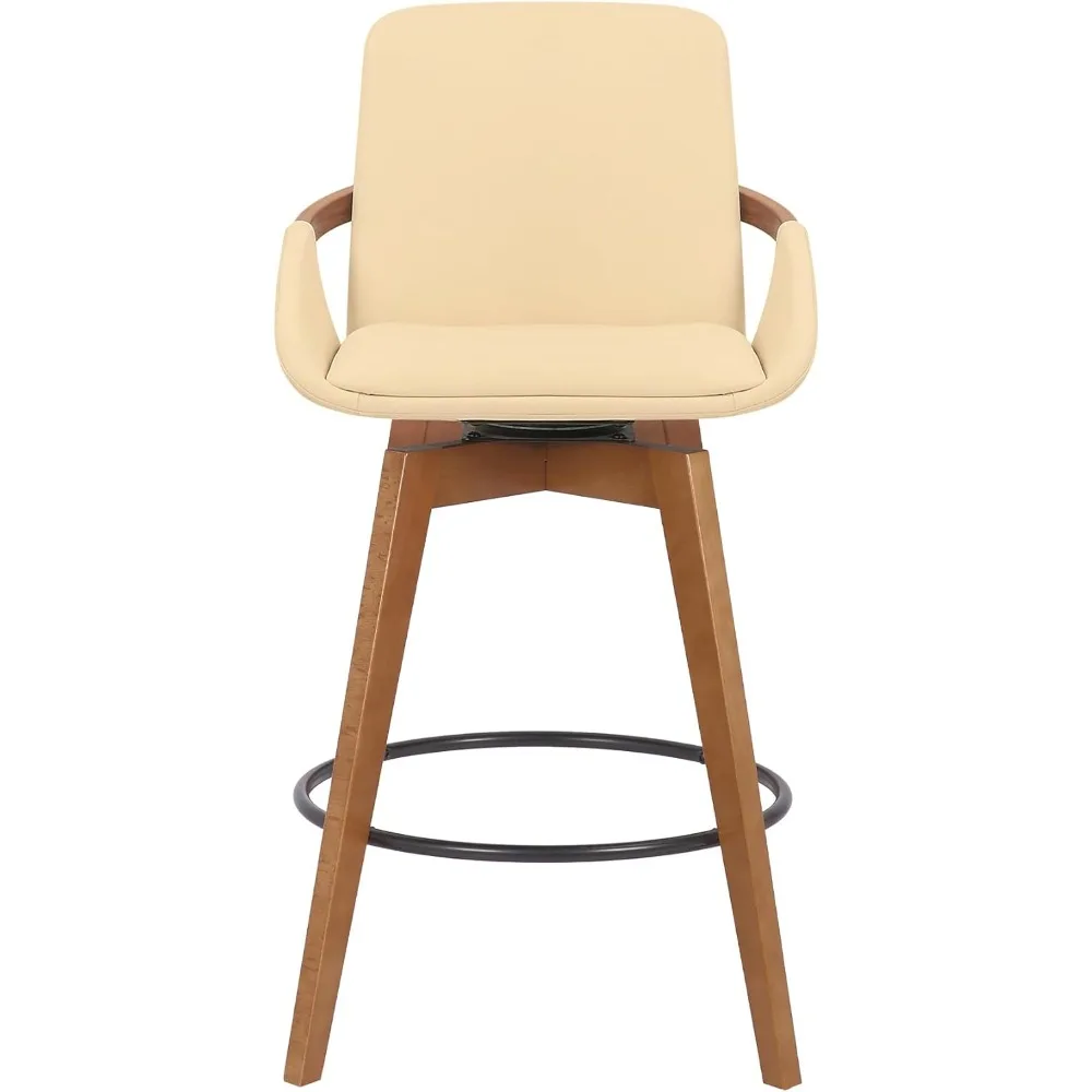 Modern Swivel Bar Stool Kitchen Island Counter Cream Faux Leather Walnut Wood 26" Height Comfortable Durable